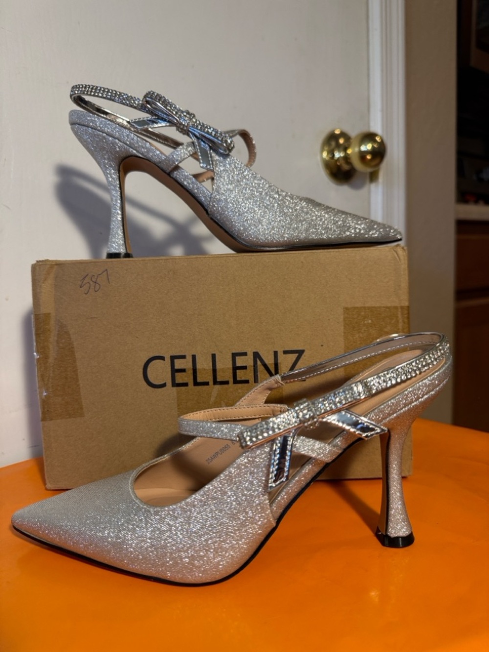 Silver Glitter Pointed Slingback Heels
